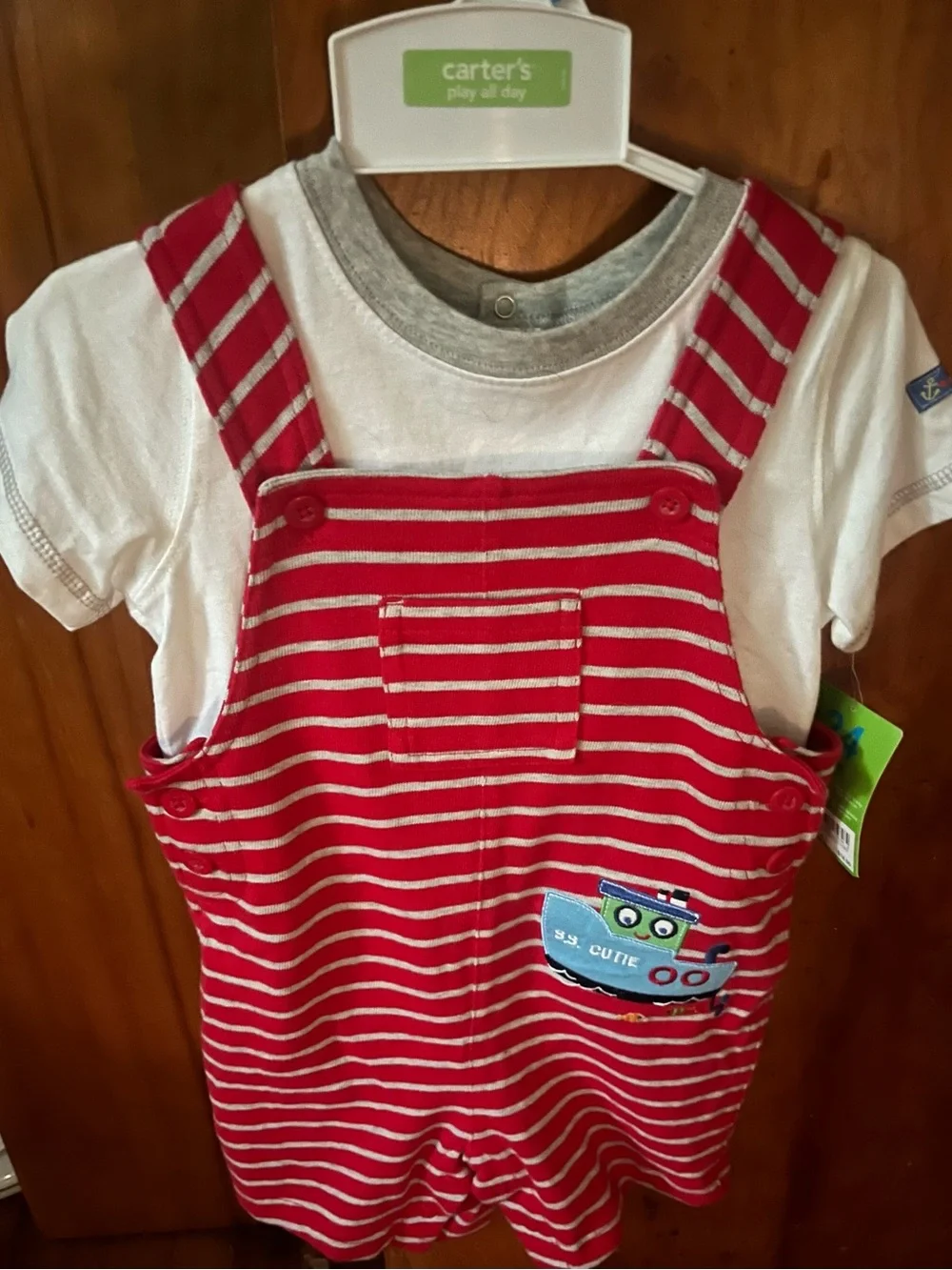 Carter's Red & White Striped Overall Shorts with White Tee
